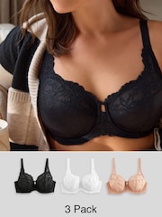Noir/Blanc/Praline Nude - DD+ Lace Trim Non Pad Full Cup Underwired Bras 3 Pack - Image 1 de 11