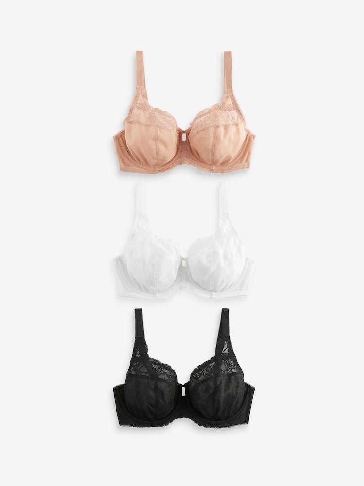 Noir/Blanc/Praline Nude - DD+ Lace Trim Non Pad Full Cup Underwired Bras 3 Pack - Image 7 of 11