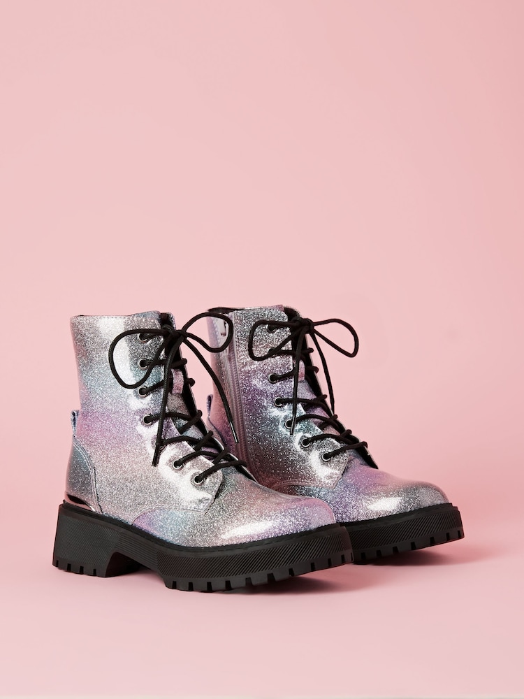 Lipsy Pink Rainbow Chunky Flat Faux Leather Party Lace Up Ankle Boot - Image 1 of 4