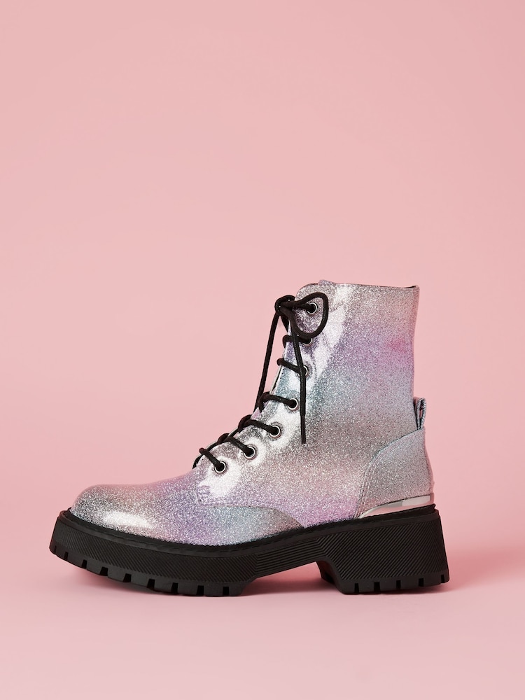 Lipsy Pink Rainbow Chunky Flat Faux Leather Party Lace Up Ankle Boot - Image 2 of 4