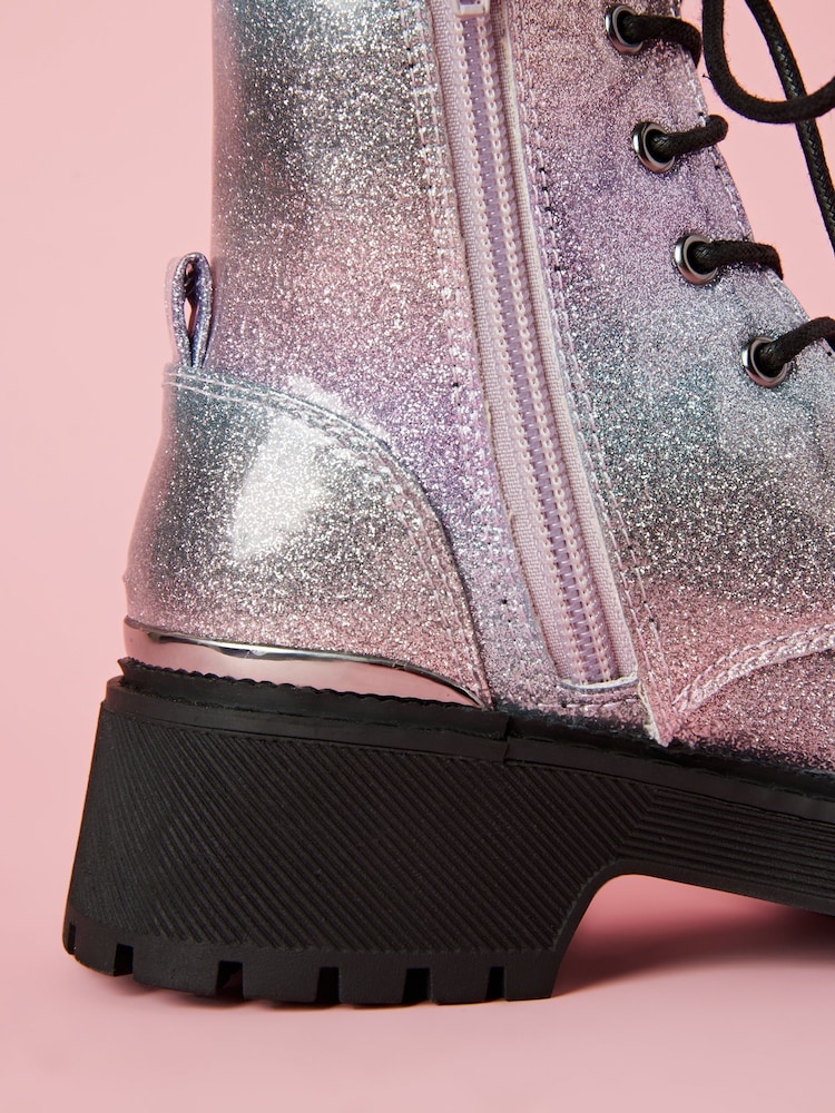 Lipsy Pink Rainbow Chunky Flat Faux Leather Party Lace Up Ankle Boot - Image 4 of 4