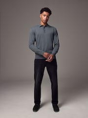 Blue Slate Regular Fit Knitted Long Sleeve Polo Shirt - Image 1 of 8