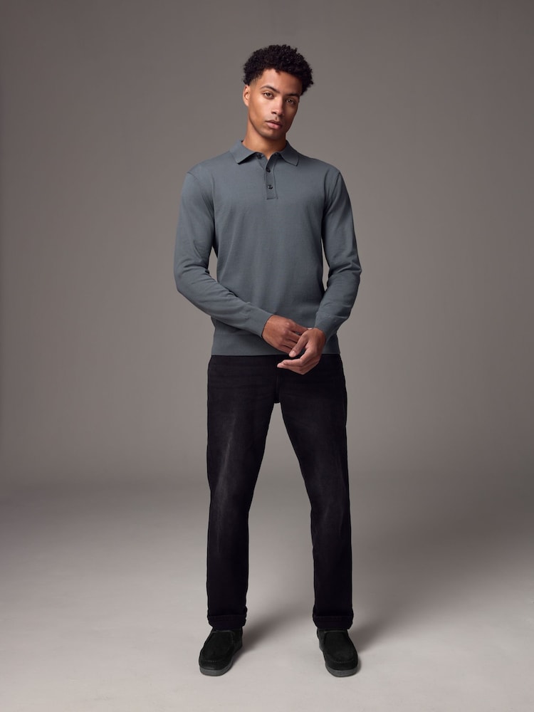 Blue Slate Regular Fit Knitted Long Sleeve Polo Shirt - Image 1 of 8