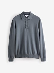 Blue Slate Regular Fit Knitted Long Sleeve Polo Shirt - Image 6 of 8