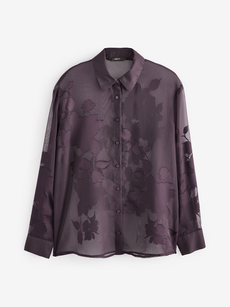 Burgundy Jacquard Floral Long Sleeve Sheer Shirt - Image 5 of 7
