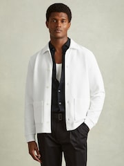 Reiss Off White Flippo Ribbed Cotton Blend Knitted Overshirt - Image 1 of 7