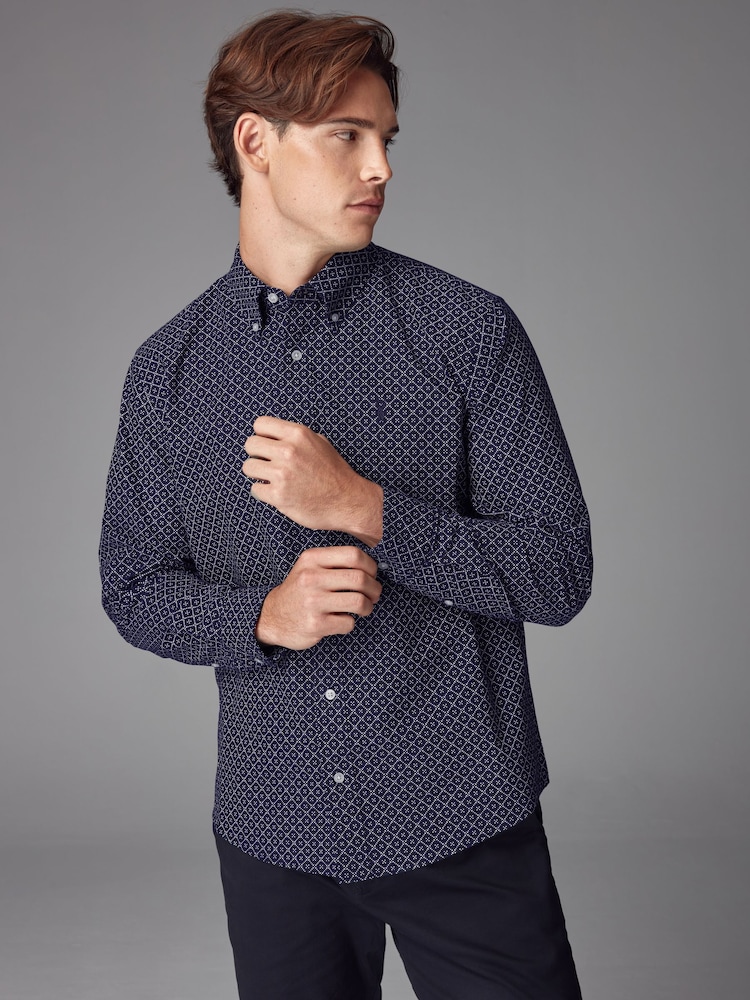 Burgundy/Navy Blue/White Printed 100% Cotton Long Sleeve Oxford Shirts 3 Pack - Image 2 of 13