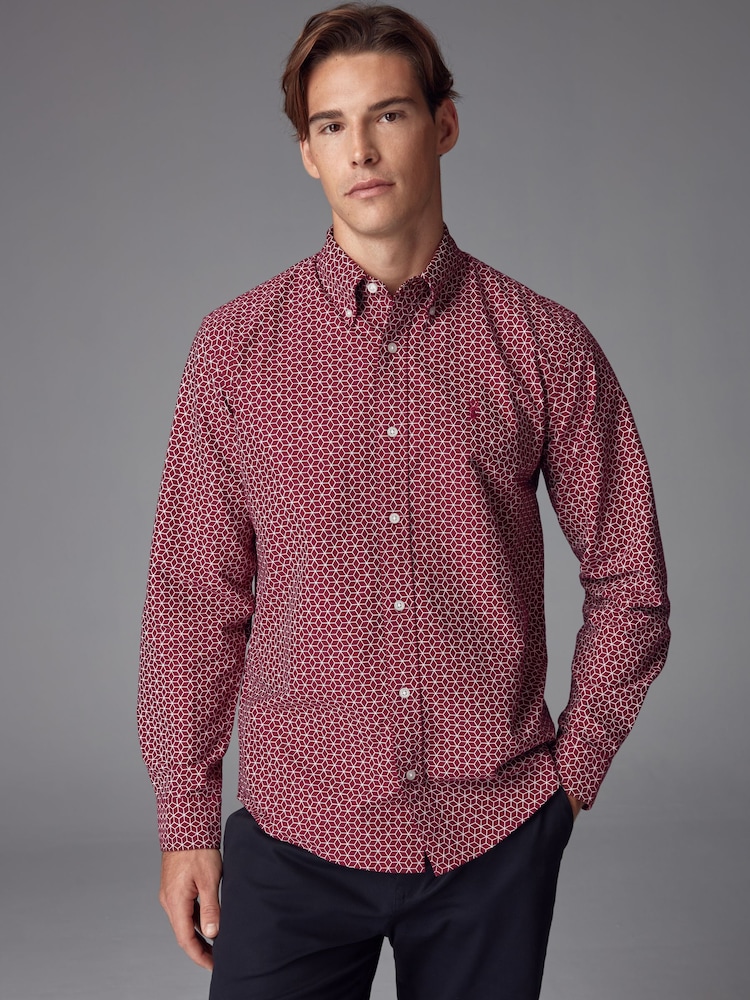 Burgundy/Navy Blue/White Printed 100% Cotton Long Sleeve Oxford Shirts 3 Pack - Image 4 of 13