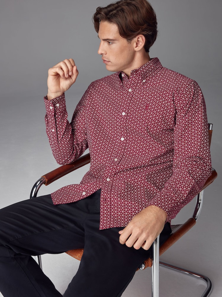 Burgundy/Navy Blue/White Printed 100% Cotton Long Sleeve Oxford Shirts 3 Pack - Image 5 of 13