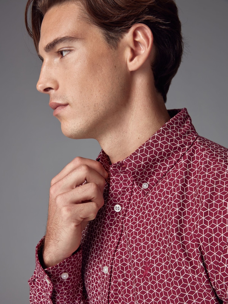 Burgundy/Navy Blue/White Printed 100% Cotton Long Sleeve Oxford Shirts 3 Pack - Image 7 of 13
