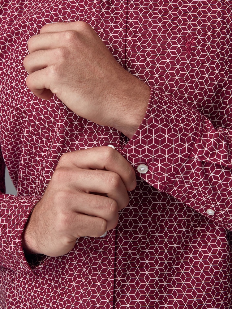 Burgundy/Navy Blue/White Printed 100% Cotton Long Sleeve Oxford Shirts 3 Pack - Image 8 of 13