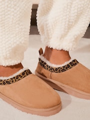 Lipsy Brown Animal Leopard Print Mule Clog Faux Suede Lined Flatform Slippers - Image 2 of 4