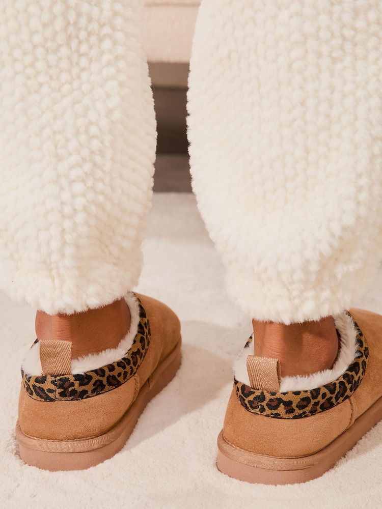 Lipsy Brown Animal Leopard Print Mule Clog Faux Suede Lined Flatform Slippers - Image 4 of 4