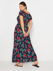 Yours Curve Blue Black Floral Tropical Print Bardot Maxi Dress - Image 2 of 4