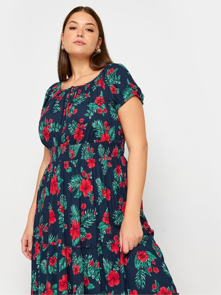 Yours Curve Blue Black Floral Tropical Print Bardot Maxi Dress - Image 4 of 4