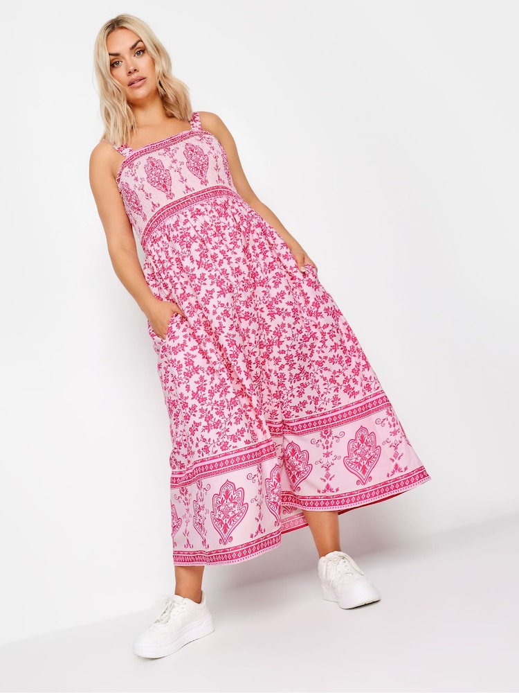 Yours Curve Pink Limited Border Shirred Maxi Dress - Image 1 of 4 Yours Curve Pink Limited Border Shirred Maxi Dress - Image 1 of 4