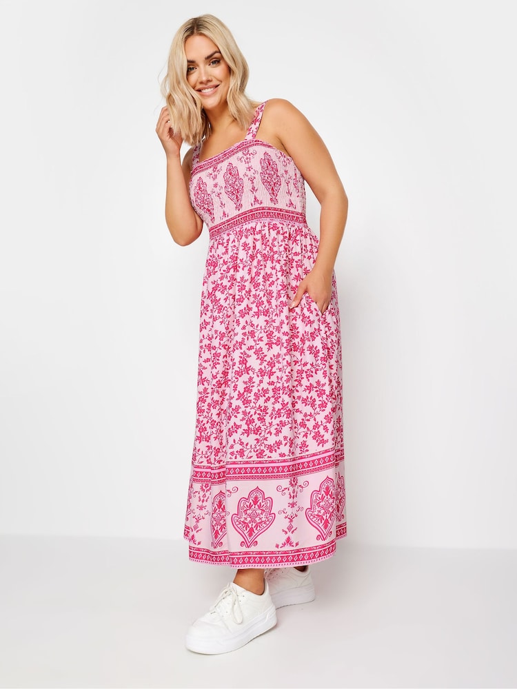Yours Curve Pink Limited Border Shirred Maxi Dress - Image 2 of 4 Yours Curve Pink Limited Border Shirred Maxi Dress - Image 2 of 4