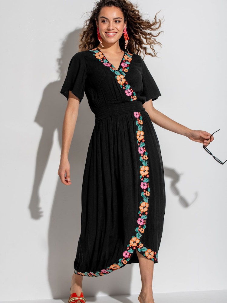 Pour Moi Black Viscose Crinkle Embroidered Beach Dress - Image 1 of 4