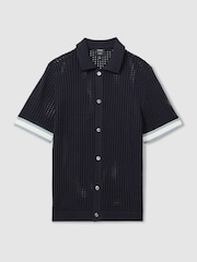 Reiss Navy Elias Reiss | Ché Open-Stitch Cuban Collar Shirt - Image 2 of 5