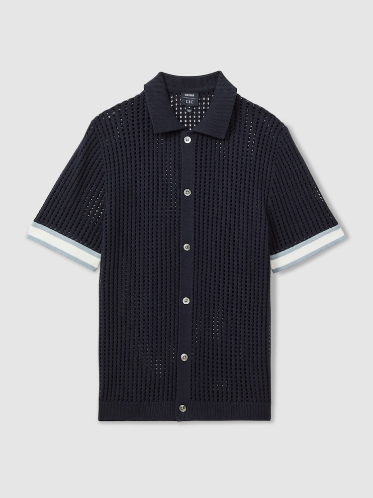 Reiss Navy Elias Reiss | Ché Open-Stitch Cuban Collar Shirt - Image 2 of 5