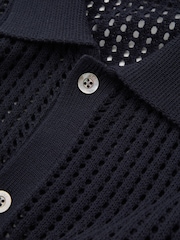 Reiss Navy Elias Reiss | Ché Open-Stitch Cuban Collar Shirt - Image 4 of 5