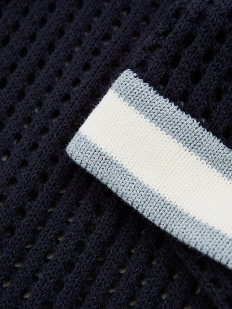 Reiss Navy Elias Reiss | Ché Open-Stitch Cuban Collar Shirt - Image 5 of 5