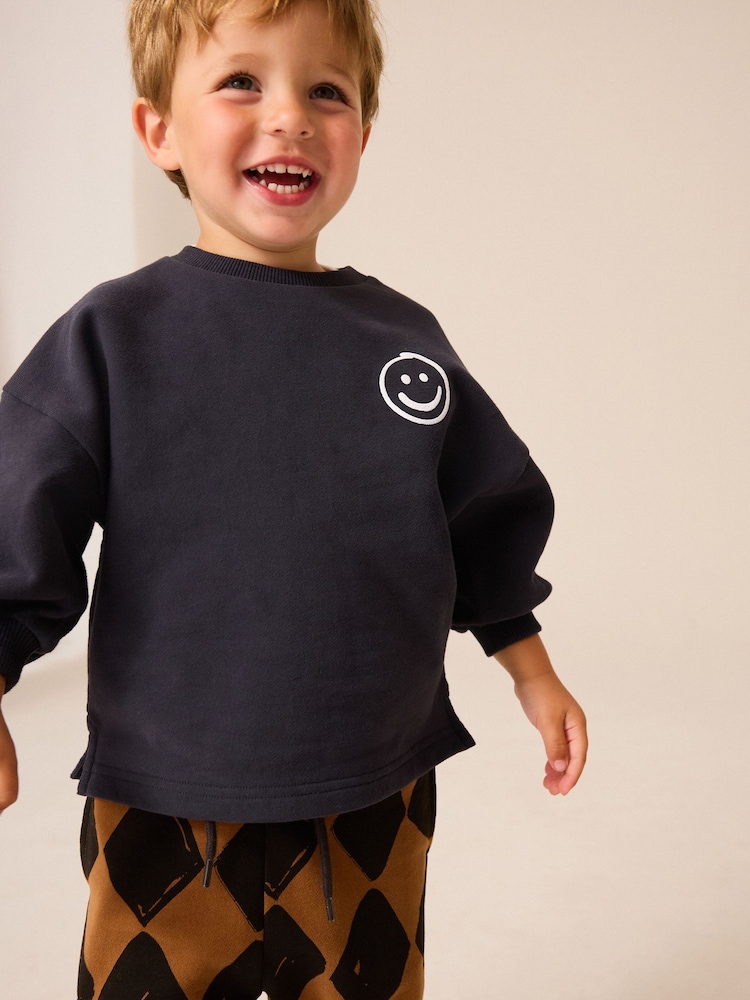 Black/Brown Harlequin 100% Cotton Sweatshirt and Patterned Joggers Set (3mths-7yrs) - Image 2 of 6