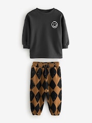 Black/Brown Harlequin 100% Cotton Sweatshirt and Patterned Joggers Set (3mths-7yrs) - Image 4 of 6