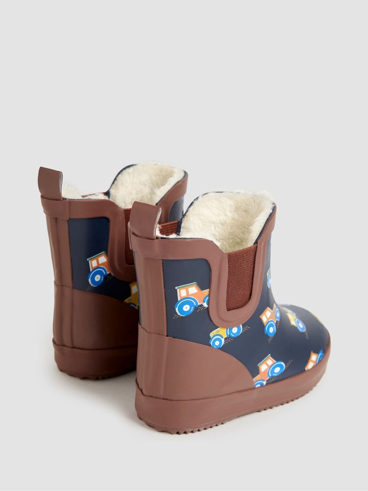 JoJo Maman Bébé Navy Blue Tractor Cosy Lined Fox Print Ankle Wellies - Image 2 of 4