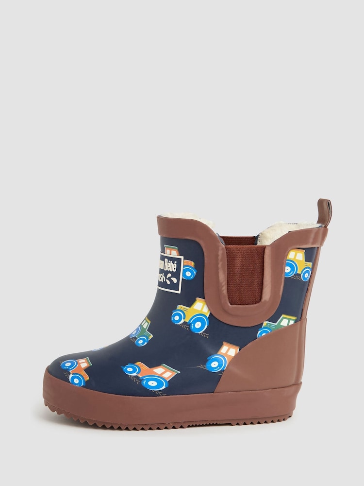 JoJo Maman Bébé Navy Blue Tractor Cosy Lined Fox Print Ankle Wellies - Image 4 of 4