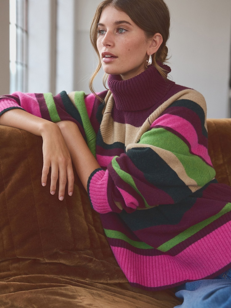Multi Stripe 100% Wool Premium High Roll Neck Knitted Jumper - Image 1 of 7