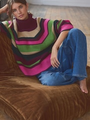 Multi Stripe 100% Wool Premium High Roll Neck Knitted Jumper - Image 2 of 7