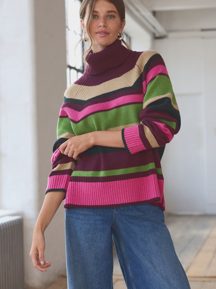 Multi Stripe 100% Wool Premium High Roll Neck Knitted Jumper - Image 3 of 7