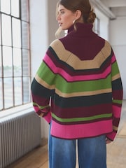 Multi Stripe 100% Wool Premium High Roll Neck Knitted Jumper - Image 4 of 7
