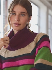Multi Stripe 100% Wool Premium High Roll Neck Knitted Jumper - Image 5 of 7
