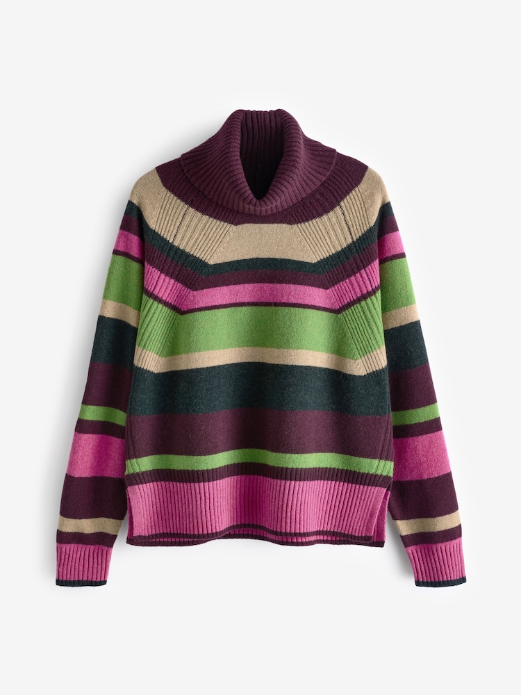 Multi Stripe 100% Wool Premium High Roll Neck Knitted Jumper - Image 6 of 7