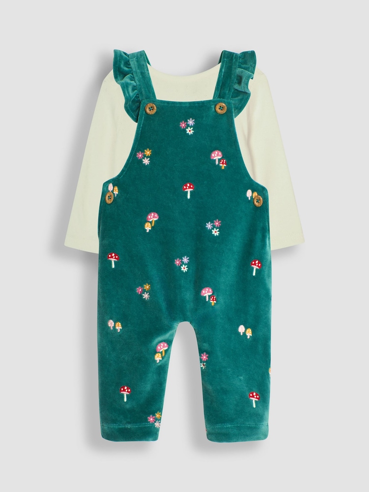 JoJo Maman Bébé Green Toadstool Embroidered Velour Dungarees and Top Set - Image 1 of 6