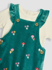 JoJo Maman Bébé Green Toadstool Embroidered Velour Dungarees and Top Set - Image 4 of 6