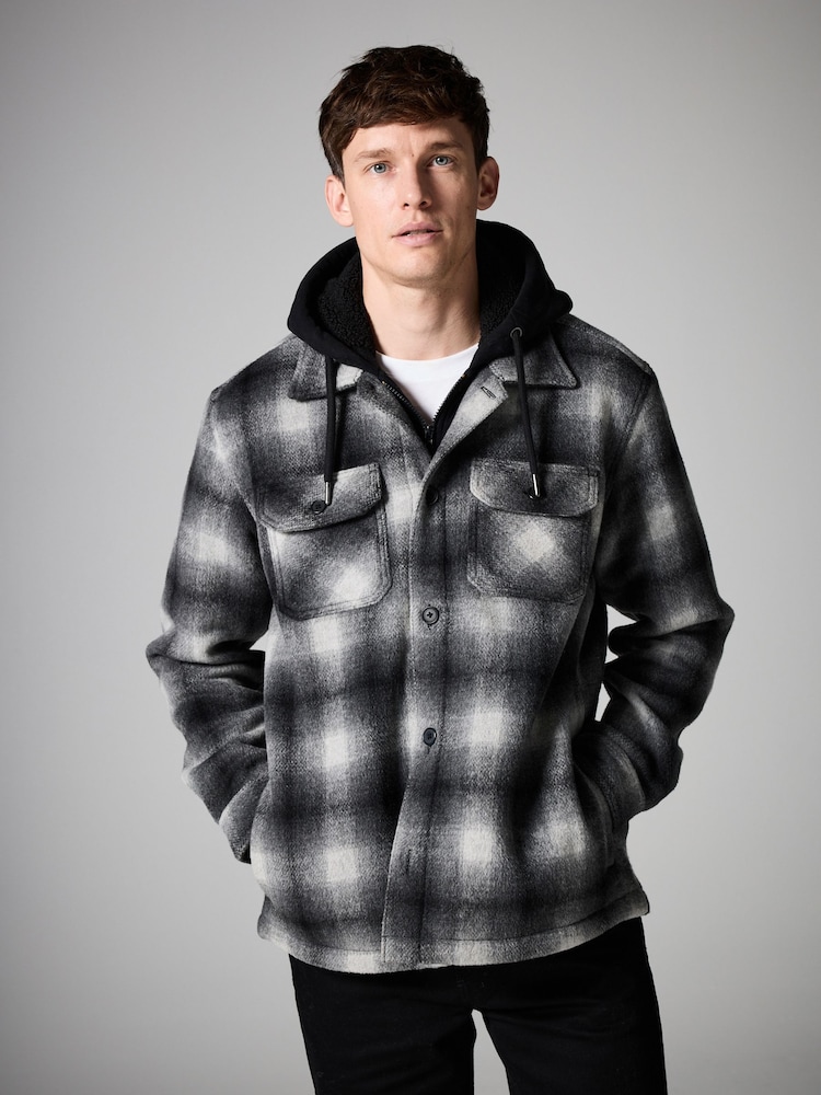 Grey Ombre Check Hooded Borg Lined Shacket - Image 1 of 9