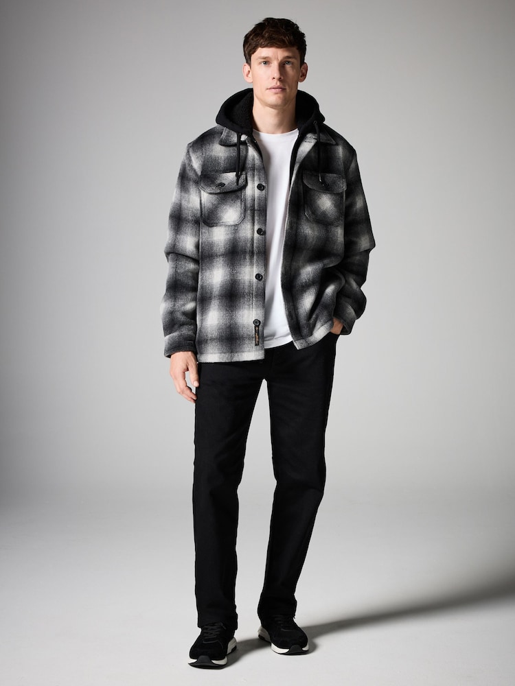 Grey Ombre Check Hooded Borg Lined Shacket - Image 2 of 9