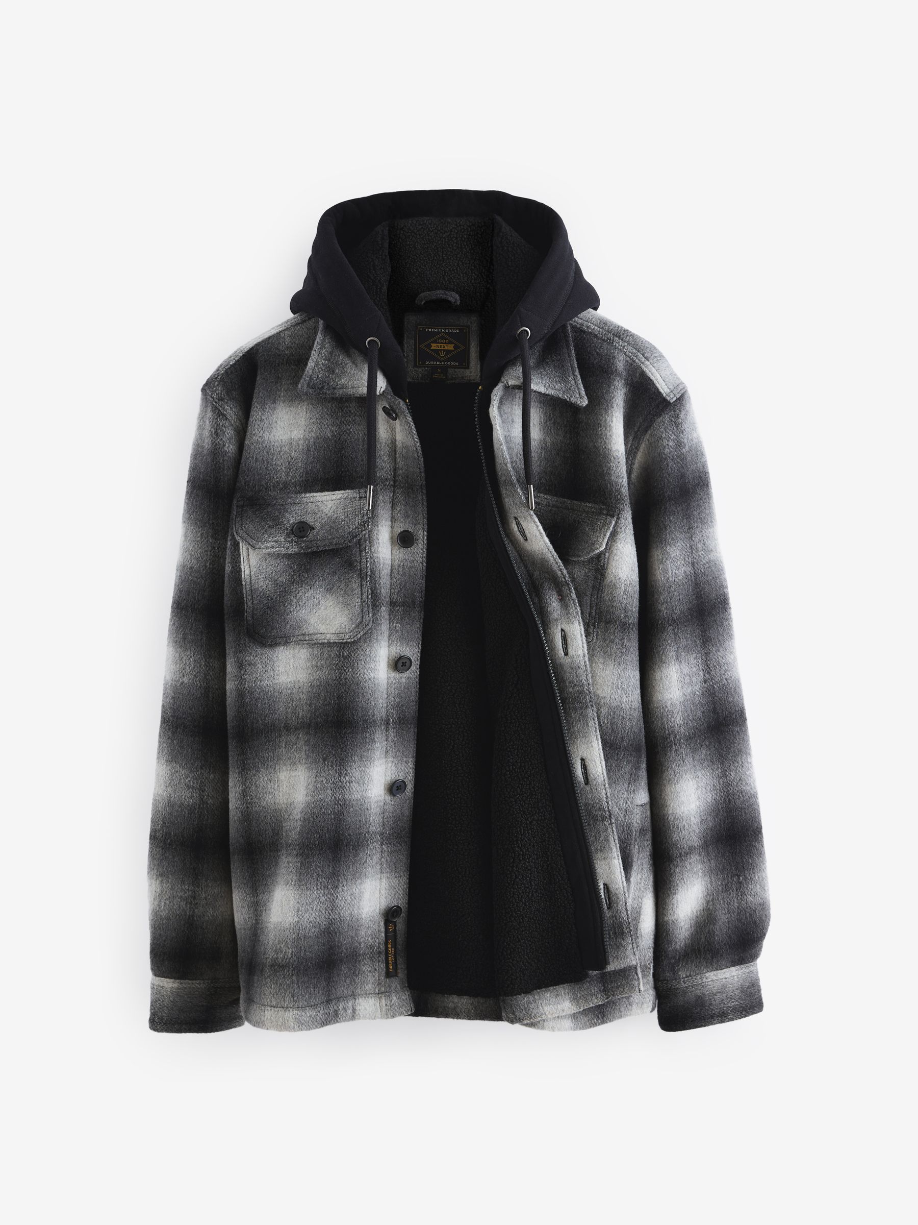 Next：日本 グレー オンブル - チェック フード付きボア裏地シャツ