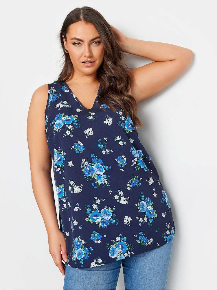 Yours Curve Blue Pink Floral Print Vest Top - Image 1 of 5