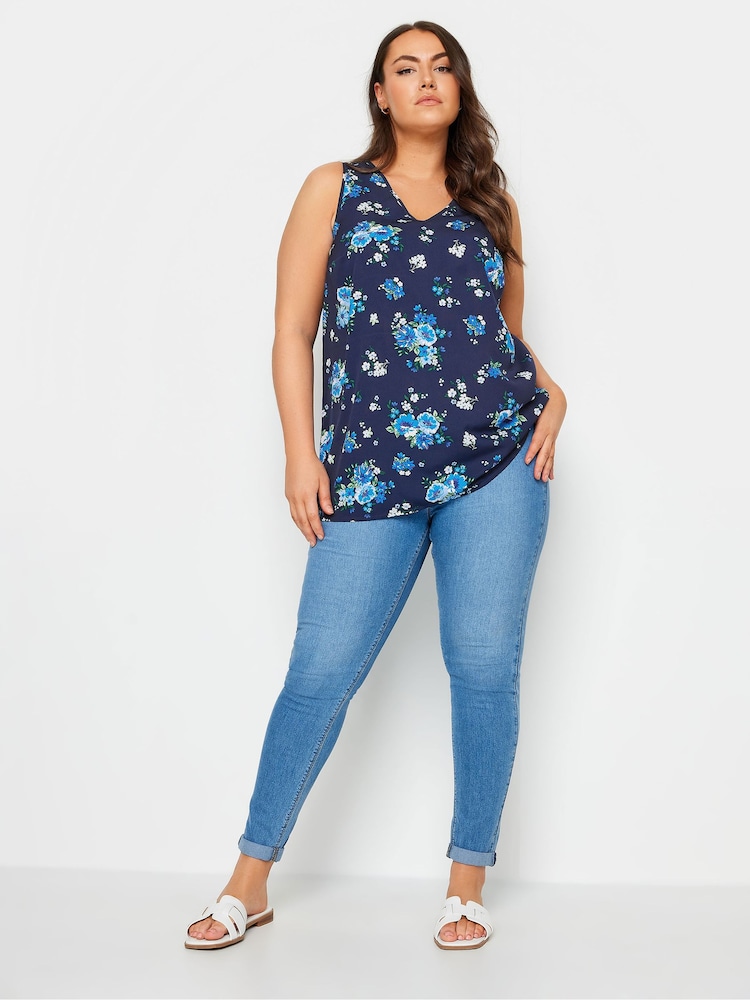 Yours Curve Blue Pink Floral Print Vest Top - Image 2 of 5