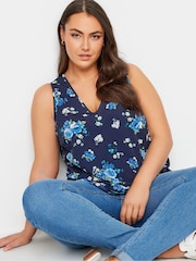 Yours Curve Blue Pink Floral Print Vest Top - Image 4 of 5