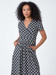 Roman Black Abstract Print Belt Detail Dress - Image 1 of 5