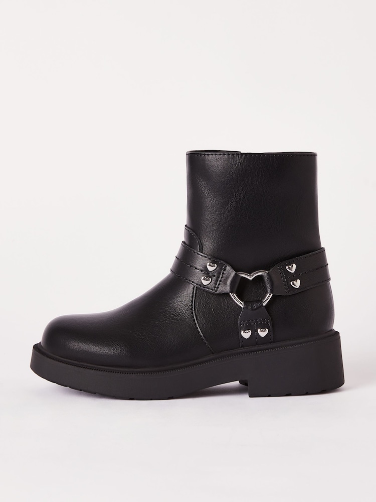 Lipsy Black Heart Buckle Biker Faux Leather Flat Ankle Boot - Image 1 of 4 Lipsy Black Heart Buckle Biker Faux Leather Flat Ankle Boot - Image 1 of 4