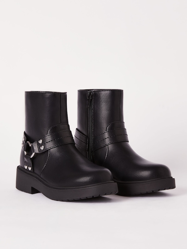 Lipsy Black Heart Buckle Biker Faux Leather Flat Ankle Boot - Image 2 of 4 Lipsy Black Heart Buckle Biker Faux Leather Flat Ankle Boot - Image 2 of 4