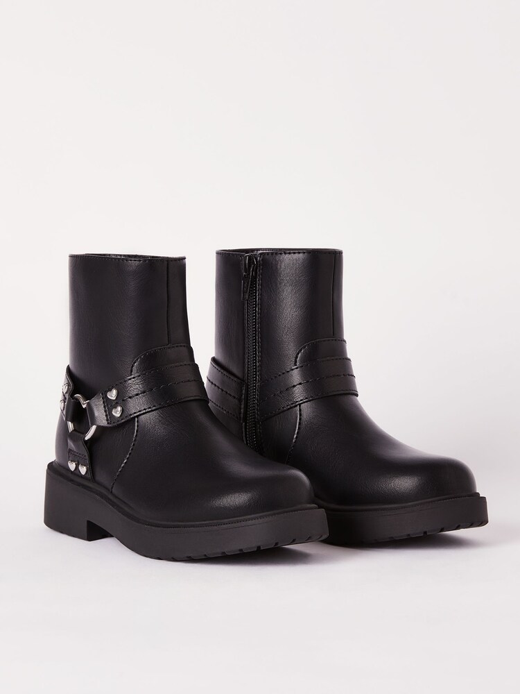 Lipsy Black Heart Buckle Biker Faux Leather Flat Ankle Boot - Image 2 of 4 Lipsy Black Heart Buckle Biker Faux Leather Flat Ankle Boot - Image 2 of 4