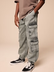 Grey Balloon Denim Cargo 100% Cotton Jeans with Elasticated Waist (3-16yrs) - Image 1 of 10