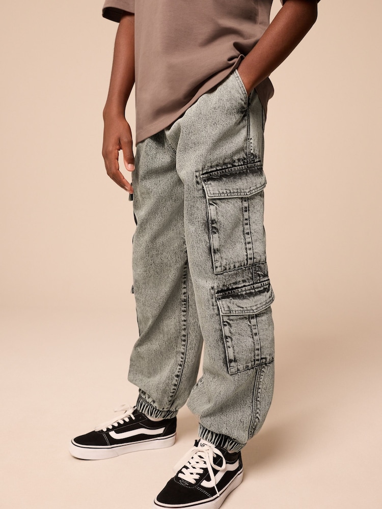 Grey Balloon Denim Cargo 100% Cotton Jeans with Elasticated Waist (3-16yrs) - Image 1 of 10
